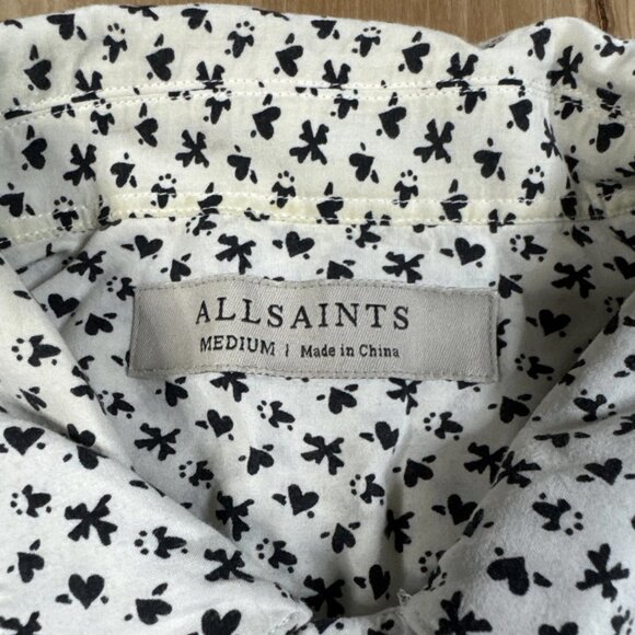 All Saints Mens White W/ Black Hearts Shorts Sleeve Button Up Shirt Size Medium - Picture 2 of 6